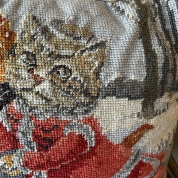 Vintage Needlepoint Cat Couple Ice Skating Victorian Dress Velvet Back 13" - Picture 3 of 10
